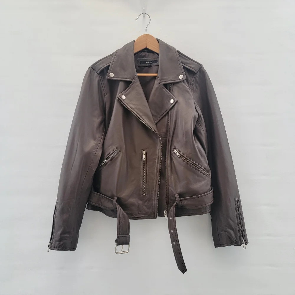 Quince Mocha Brown Leather Moto Biker Jacket Size Large Timeless Minimalist - Picture 2 of 16